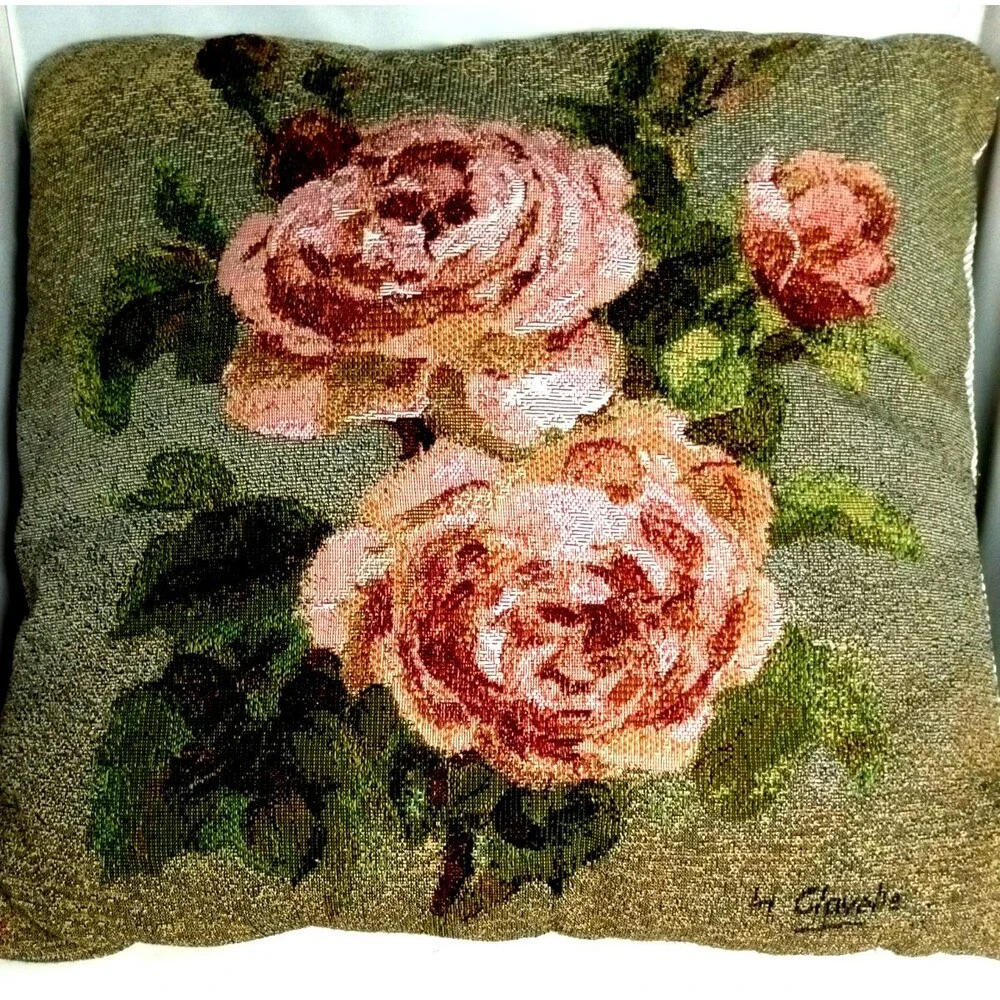 Vintage Clavelle Floral Roses Tapestry Square Throw Pillow Piped Edges